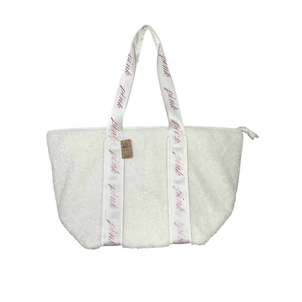 NWT PINK Victoria's Secret Sherpa Cream Tote Ribbon Straps Large Logo Cozy - Picture 3 of 12
